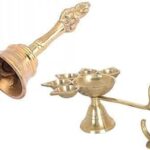YANTRAM Vedic Product Combo of Brass Panch Mukh Diya Aarti with Bell/Ghanti | Golden | Five Face Jyoti Puja Diya Stand and ghanti with Good Effect