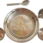 Vrindavan Mandir Small Size Laddu Gopal Bhog Thali Set, Pooja Bhog, Diwali Thali, Kanchak Gift, Navratra Gift, Kids Food Thali, Thali-6 Inch, Glass-2 Inch, Spoon-4.5 Inch, Katori-1 Inch