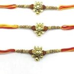 Digital Dress Room Ganesh Chaturthi Rakhi Mauli Pack of 3 Kalawa Puja Accessories Designer Gold Plated Tortoise Rudraksha Tulsi Bead Multicolor Thread Band Bracelet/Pooja Moli/Raksha Sutra for Men
