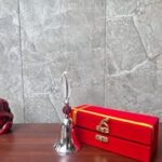 PIEPOT Brass Rudraksha Pooja Bell with Red Velvet Box - Aarti Ghanti for Home, Office, Temple & Spiritual Rituals, Decorative Puja Mandir Bell for Worship and Ceremonies 9 (Silver)