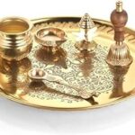Jack and Rex Traditional Brass Laxmi Pooja Thali Set | Golden Diwali Pooja Plate Combo | 6 Pcs Round Panchamrut Set with Kalash, Bell, Spoon, Diya, Agarbatti Stand | 28 cm (477 gm)