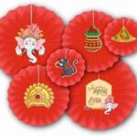 Atpata Funky 6pcs Ganesh Chaturthi Theme Paper Fans Set - Includes Lord Ganeshji, Mushak, Modak, Kalash, Crown Mukut & Ganpati Bappa Morya Cutouts for Festive Decor (Red)