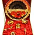 Gold Plated Pooja Thali Set with Decorative Box, Traditional Puja Items, 7-Piece Religious Gift Set