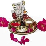 Pure Brass Thali Set Gods Food Plate Bhog Thali Set for Mandir Pital Bhog Thali Pooja Thali Golden Thali for Bhagwan Pure Brass Puja Thali ? Set of 5pcs with Pooja Bell Free (4.0inch)