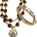 Lord Shiva Trishul Damru Locket Puchmukhi Rudraksha Mala Chain For Men Gold - Plated with Tulsi Mala Free