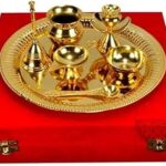 Pooja Thali with Diya, Katori, Agardaan, Puja Kalash and Aarti Bell Golden Pooja Thali Traditional Steel Pooja Thali Set