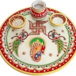 Marble Puja Thali for Laddu Gopal Pooja Room Decoration with Diya & Lota | Rajasthani Kundan Studded, Hand Painted Multicolour Home Decor Items by Handicraft Kingdom Size 9" Wt 700-800Gm