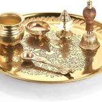 Sanjeev Kapoor Traditional Brass Designer Laxmi Puja Thali Set/Diwali Pooja Plate Set of 6 Round Panchamrut Pooja Set (1 Pooja Thali,1 Kalash,1 Bell,1 Spoon,1 Diya,1 Agarbati Stand)(28 cm Dai)