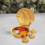 Denique Brass Haldi Kumkum Puja Box Multi-Purpose Sindoor Rituals Roli Chawal Akshat Dibbi Chandan Chopala Elaichi Mishri Haldi Box Pooja Items Storage Box for Home Temple Karanda,Gold Color