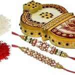 Purpledip Rakhi Hamper: Marble Roli Chawal Holder Kumkum Box Shaped Like Kalash, Set of 2 Rakshabandhan Bracelets For Brother & Auspicious Roli Chawal Tika (Rakhi4b)