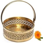 Pure Source India Brass Traditional Pooja Basket/Pooja Daliya for Flower, Pooja Item (Gold) (Round SML)