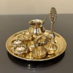 Chkoteravatiya Brass Pooja 8 inch Thali Set with Lota, ghanti, chokda and Diyas, Gold-Toned Religious Worship Set