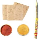 Bhojpatra Original Leaf Sheet, 15.2 cm, Bhoj Patra 11 Sheets with Pomegranate Pen, Red & Yellow Sandalwood Powder for Mantra Writing and Pujan Havan