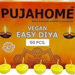 Pujahome Cotton Wicks with Ghee Wax Free Vegan Diya Batti for Daily Puja Readymade Ghee Diya Batti Easy to Use Long Lasting (50 Pieces Per Pack, Pack of 1, Yellow)