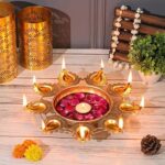 SWAY Home Decor Golden Metal Handcrafted Designer Diya Urli for Diwali Diyas Set-Traditional Decorative Bowl for Floating Flowers and Tea Light Candles, Diwali Urli (Medium)