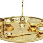 IMTRA FASHION Indian Brass Pooja Thali Set 7 Pieces Gift Puja Thali 9.5 Inch Traditional Occasional Handcrafted Thali Set for Pooja Arti