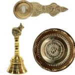 Vrinda Metal Art Brass Nandi Cow Ghanti & Karpoor Diya Stand & Om Plate Puja Thali Hand Held Bell | Deepam Burner | thali for Puja and Temple & Office Combo
