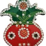 Handicrafts Tika Chopra in Kalash Shape Meenakari Work/Kumkum Box with Roli Chawal Tika Stick, Chawal-Akshat-Haldi Wooden Chopda for Gift and Pooja Decorative Purpose Item (Red) #dd003