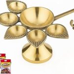 DecorBeats Handmade Brass Five-Wick Aarti Stand with 2 Dhara Powder | Traditional Panchmukhi Design for Puja | Pure Brass Pradip | 1 Piece
