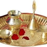 Dekor World Brass Solid Puja Thali- 6", Bowl- 2", Bell- 1.5" - Golden (Set of 5)