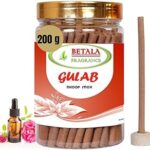 Betala Fragrance Gulab(Rose) Flavour Dhoop Sticks for Pooja, Pack of 200 Gm Dhup Batti with Holder, Agarbatti, Incense Stick, Sandal, Cones, Cup, Sambrani (200 Gm, Gulab)