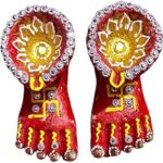 Terracotta Maa Lakshmi Devi Charan With Diya - Handmade Clay Laxmi Paduka for Diwali Navratri Pooja - Decorative Foot Print - Mitti Diya