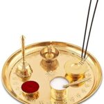 Borosil Brass Puja Thali Set | Aarti Thali for Mandir | Pooja Thali with Diya, Aggarbati Stand, Spoon, Glass, Bowl, and Bell | Decorative Puja Plate | Om Embossed Thali