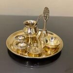 Chkoteravatiya Brass Pooja Thali Set with Kalash, Diya, Bell and Spoon Traditional Worship Plate