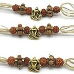 Digital Dress Room Ganesh Chaturthi Rakhi Mauli Pack of 3 Kalawa Puja Accessories Gold Plated Ganesh Ji Ganpati Bappa Rudraksha Damru Tulsi Beads White Thread Band Bracelet/Pooja Moli/Raksha Sutra