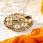 Sacch Brass| Pooja Thali With 2 Diya, 1 Incense Holder, 1 Bell, 1 Lota, 1 Chandan Pyali 1 Sindoor Pyali And Decorative Design (8 INCH)