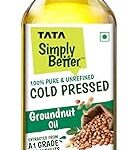 Tata Simply Better Pure & Unrefined Cold Pressed Groundnut (Peanut) Oil,Kolhu/Kacchi Ghani/Mara Chekku/Ganuga,Naturally Cholesterol Free,1L,Groundnut Oil Rich Aroma & Flavour Of Real Groundnuts