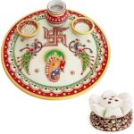 Handicraft Kingdom Marble Puja Thali for Laddu Gopal Pooja Room Decoration with 2 Diya,1 Lota & 1 Agarbatti Stand | Rajasthani Hand Painted Multicolour Home Decor Items Size 9" Wt 700-800Gm