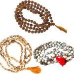 Kalakriti Store Rudraksha Mala, Tulsi Japa Mala & Original Vaijanti Mala White Bead Natural Himalaya 5 face Panch Mukhi Rudraksha 108+1 Beads (Pack of 3)