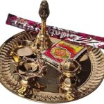 SKSM Brass Pooja Embossed LAXMI Ganesh THALI | PUJA Plate Set with NAGPARI GHANTI Brass Bell Attached Diya Incense Stick Holder and ONE Small Bowl ROLI Powder Agarbatti for Diwali Rakhi (9 INCH)