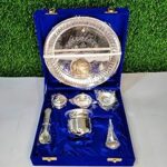 M/S NOUMAN HANDICRAFTS Silver Coated Pooja Thali Set | Puja Thali for Festival, Home, Temple, Mandir, Diwali Gift (9 Inches, Set of 7 Pieces)