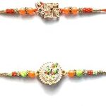 Sadan Shringar Swastik Green &Orange Rakhi for Brothers,set of 2 with Roli Akshat
