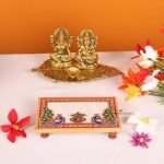 Handicrafts Paradise Peacock and Kalash Designed Rectangle Shape Marble Pooja Chowki (15.3 cm x 10.2 cm x 2.55 cm) (HPMR17198)