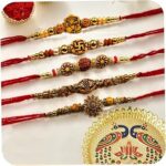 Rakhi with Pooja thali for Brother and Bhabhi Kids, Rakhi Pooja thali Combo Set (Thali with 5 rudrakh Rakhi)