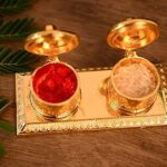 Collectible India Metal Golden Finish Chandan Roli Box Double Kumkum Dani Pooja Purpose (Set of 1)