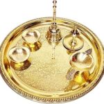 PujaSamadhaan Traditional Handcrafted Brass Pital Puja Thali Aarti Bartan Plate for Mandir Pooja -Set of 6 Piece
