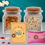 Midiron Rakhi Gift Hamper with Antique Rakhi, Raksha bandhan surprise gift for bhai, Healthy Nuts Cashew and Almond, Roli Akshat – Stylish Raksha Bandhan Gift for Brother