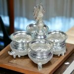 Sigaram German Silver 4-Cup Panchwala with Peacock Handle Kum Kum Cup for Temple, and Home Pooja Decor K4002