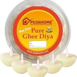 Pujahome Ghee Diya for Puja – 100 Pcs Pack Cow Ghee Wicks | Ghee Batti for Pooja, Festivals, Havans| Long-Lasting, Wax-Free, Vegan Ghee Diya Batti with 30-Minute Burning Time- White