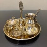 Chkoteravatiya Brass Pooja Thali Set with Bell, Bowl and Incense Holder, Gold Plated