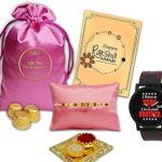 Midiron Raksha bandhan combo pack, Rakhi Gift Pack for Bhaiya – Antique Rakhi, Chocolates, Watch, Roli and Akshat – Raksha Bandhan Gift Hamper