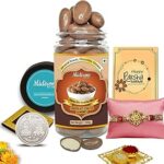 Midiron Antique Rakhi Gift Box, rakhi gift items for brother– 1 Chocolates almond Jar, Stylish Box, Roli and Akshat, Silver Coin – Raksha Bandhan Gift Hamper for Bhai