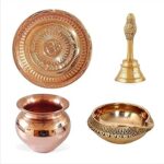 UK Hub Brass Pooja Thali Set (kuber deepak: 2.5 inch, garuda ganti bell: 10 x 4 cm, thali: 9 inch, copper lota: 4.88 inch, Copper)