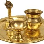 Spillbox Traditional Handcrafted Brass Puja | Pooja Thali Set | Arati | Arathi | Arthi | Arti | Arathi | Bartan Thambulam Plate Set for Several Occasions- Ring Plate 7 inch Puja Set(Diya Bell Lota)