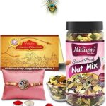 Midiron Raksha Bandhan beautiful Gift for Brother, rakhi gift ideas for brother – Antique Rakhi, Nut Mix combo, Roli Akshat in Premium Gift Box for Bhaiya, Bhai