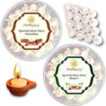 SHUBHKARMA Ghee Diya Batti Combo Pack (Mogra + Chandan), 30min Burning Time, Two Boxes of 50 Pieces Each Fragrance, Handmade, Wax Free, Round Shape Ghee Jyot for Pooja, Festivals & Religious Rituals